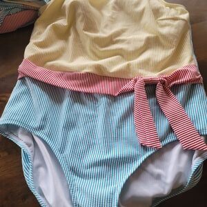 Lands' End Fully Lined Striped Swimsuit with Bow Accent